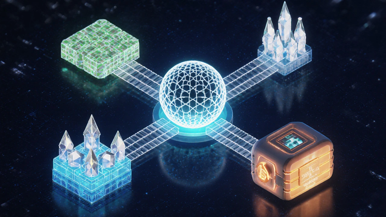 Mehrere Blockchains, dargestellt als unterschiedliche Symbole, die über ein zentrales Hub‑System miteinander verknüpft sind.