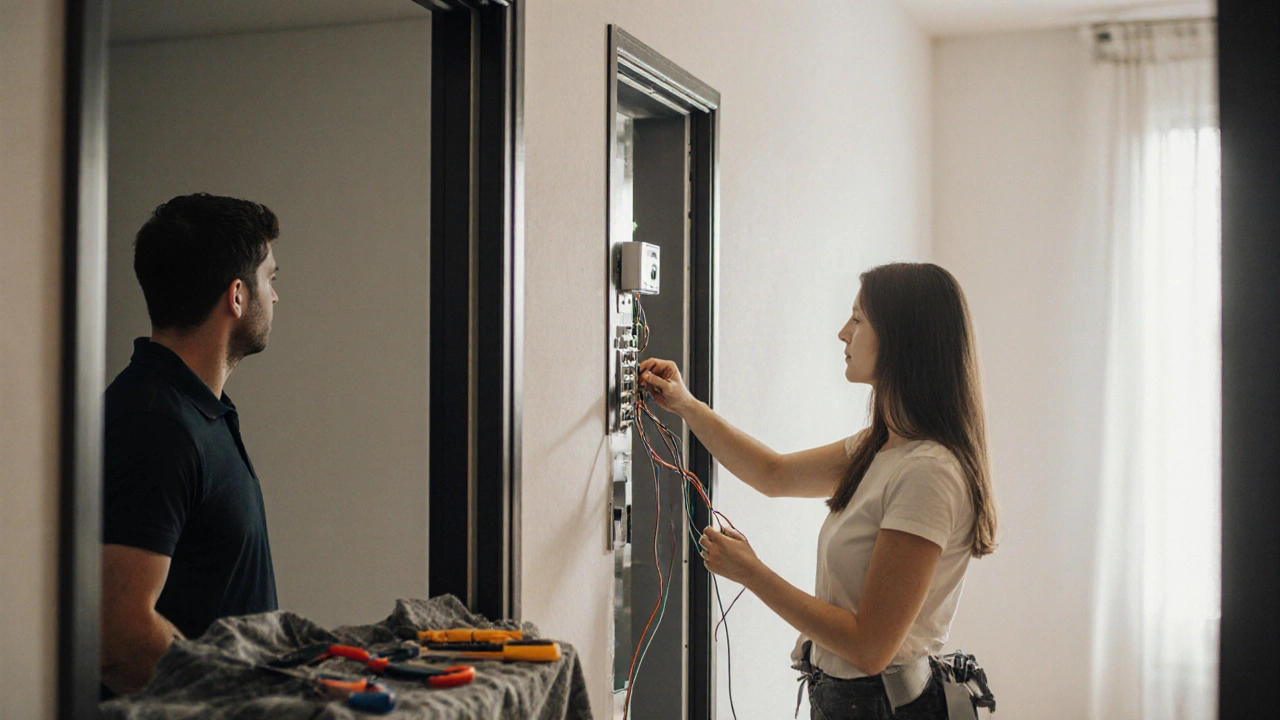 Professioneller Handwerker installiert einen digitalen Türspion mit Kabeln durch eine moderne Tür.