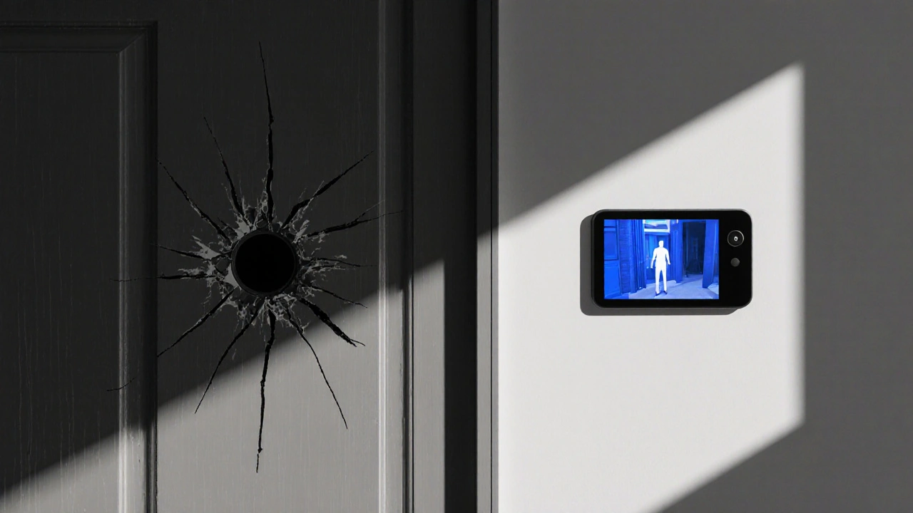 Vergleich: kaputter Türspion links, perfekt eingebauter digitaler Spion rechts mit klarer Sicht.