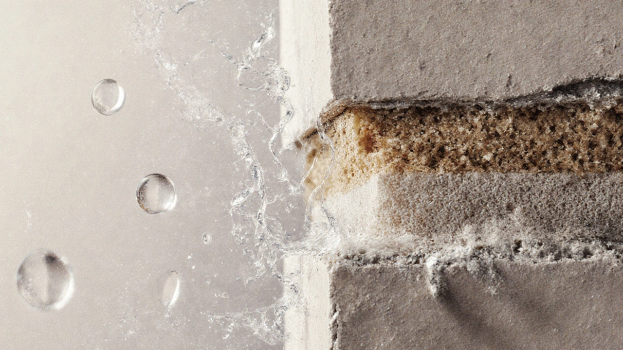 Cross-Section der Münchner-Rauputz-Schicht mit Kalk, Sand und Fasern in sanften Farben.