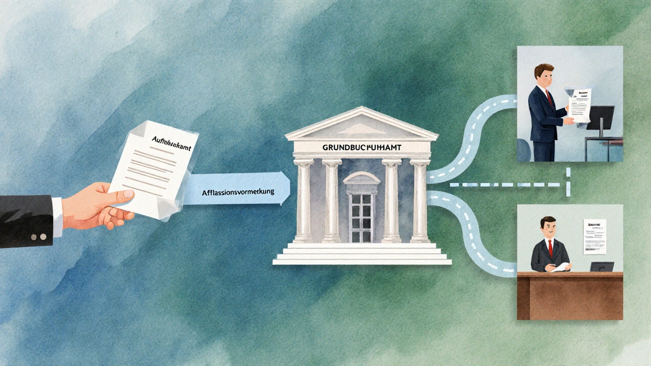 Dokumente wandern von Notar über Grundbuchamt zu Bank und Finanzamt, dargestellt in einem fließenden Aquarell.