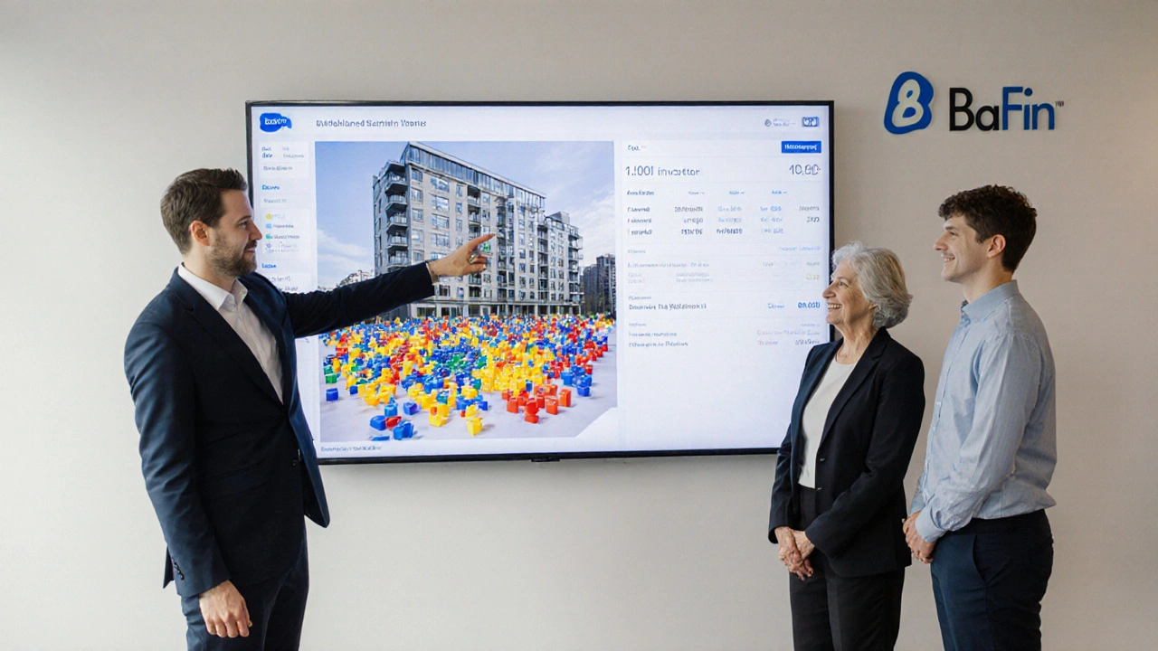 Finanzberater zeigt auf einem Bildschirm tokenisierte Immobilien mit Investoren aus verschiedenen Altersgruppen.