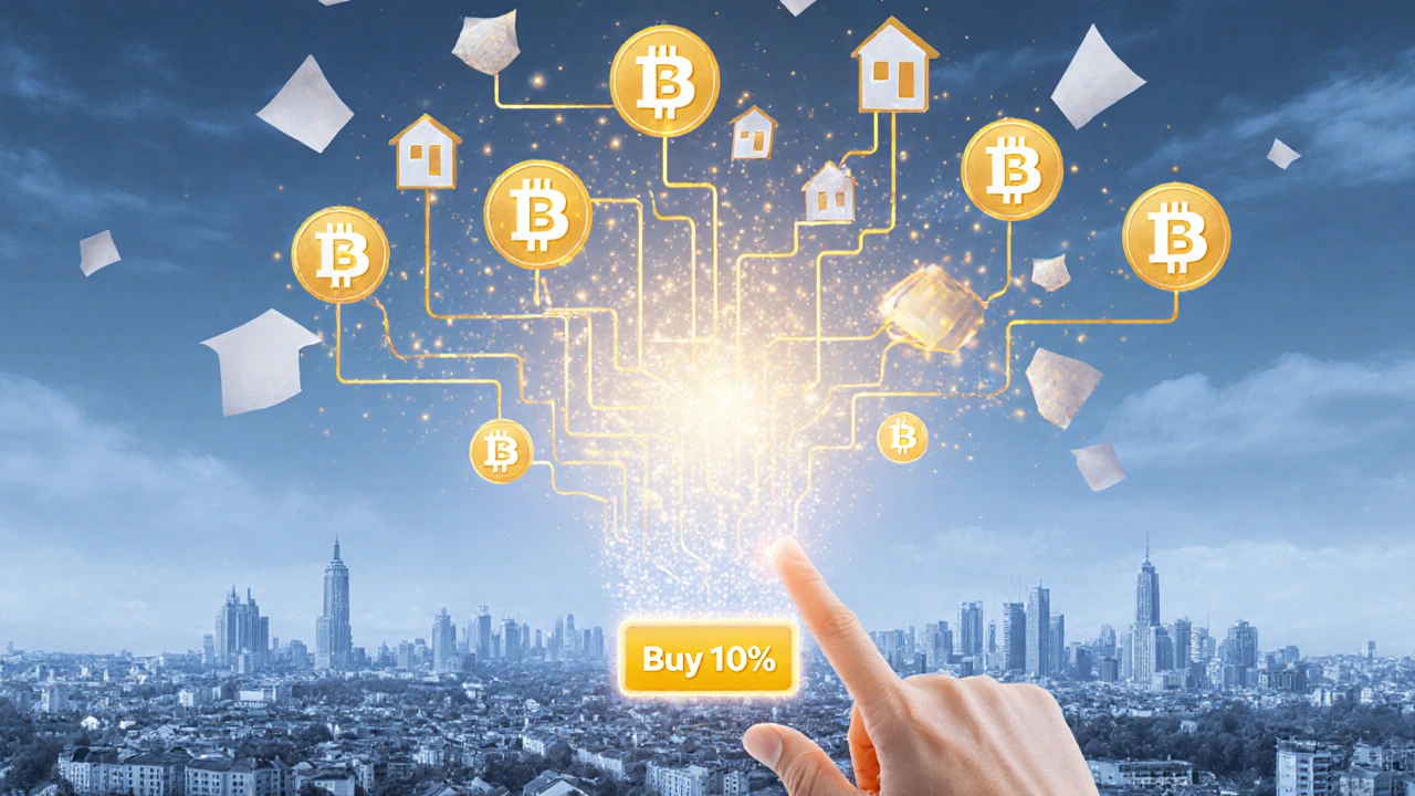 Glowende Blockchain-Ledger über einer deutschen Stadt, die Immobilienanteile als digitale Wurzeln verbindet.