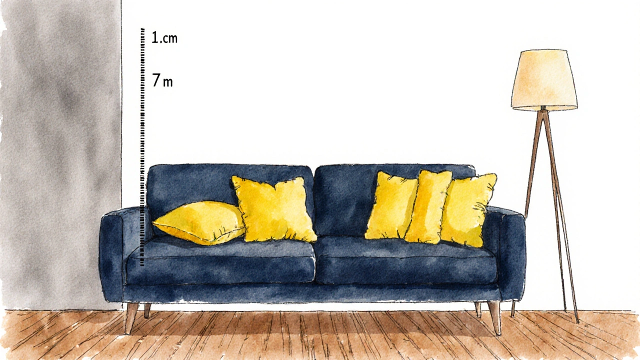 Graue Wand, blaues Sofa und gelbe Kissen zeigen die 3‑5‑7 Farbpalette im Raum.