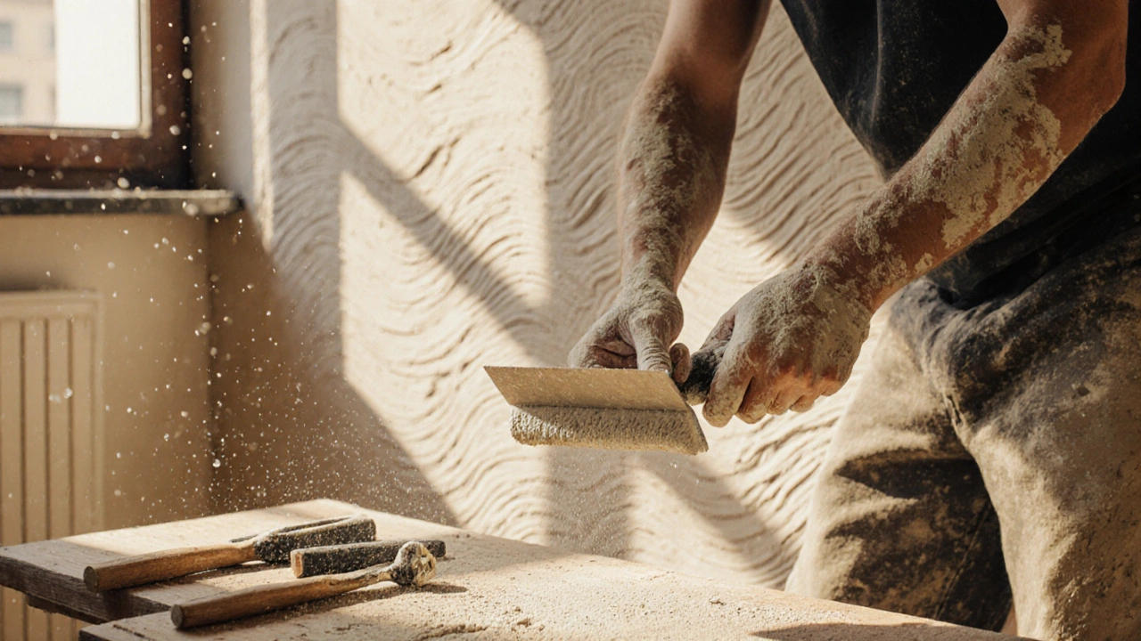 Handwerker trägt Münchner Rauputz mit einer speziellen Kelle auf eine Wand auf.