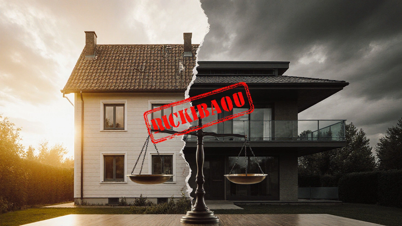 Haus mit zwei Seiten: eine genehmigt und golden, die andere illegal und von Rückbau-Stempel zerstört.