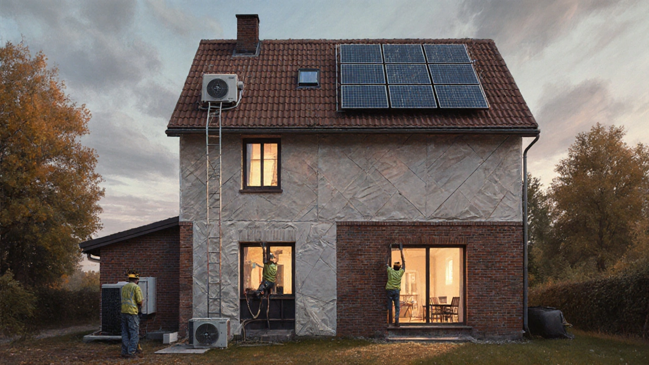Historisches Haus mit moderner Dämmung und Solaranlage, Sanierungsarbeiten im Gange, warmes Licht aus den Fenstern.