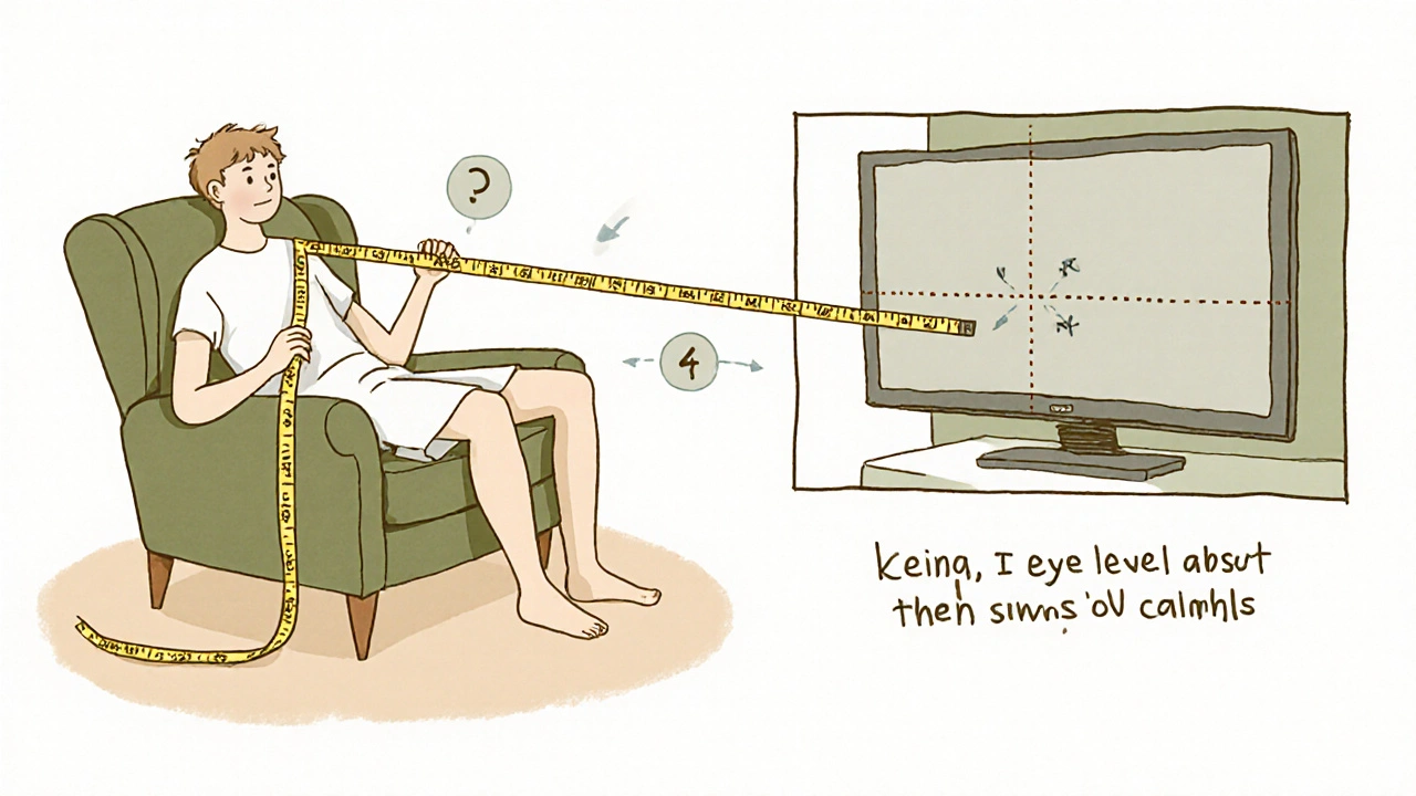 Illustration einer Messanleitung für die optimale Lowboard‑Höhe mit Maßband und TV‑Mitte.