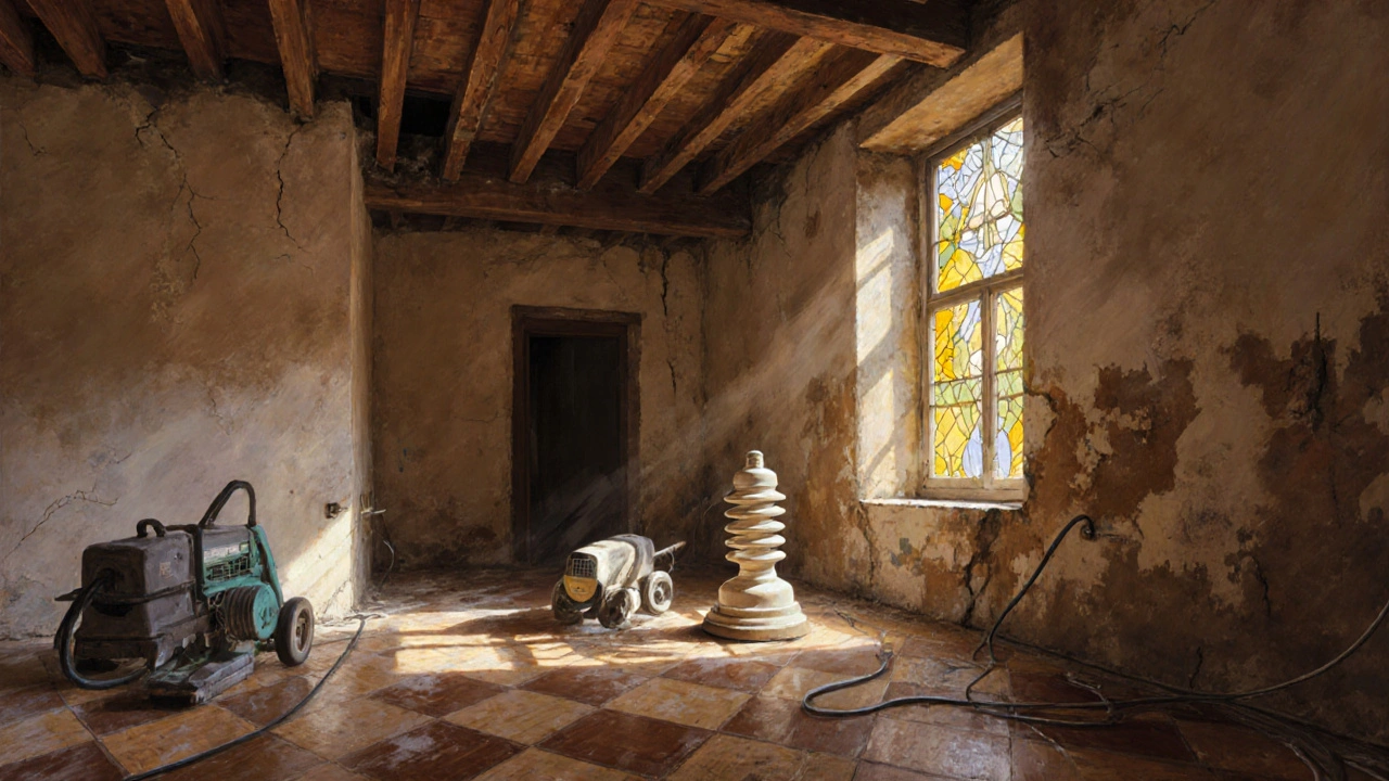 Innenausbau eines alten Hauses mit freiliegenden Balken, altem Putz und modernen Kabelkanälen.