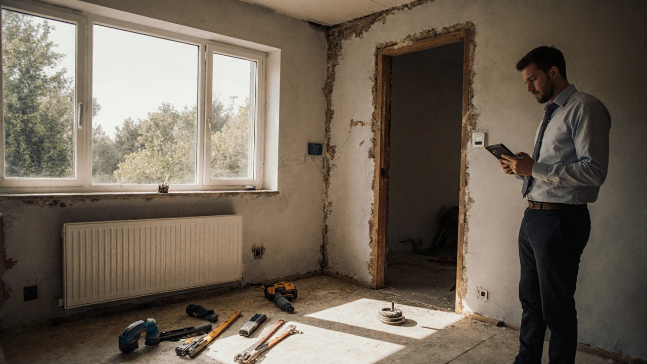 Kleiner Energie-Upgrade in einem deutschen Haus: neuer Thermostat und doppelt verglaste Fenster mit Werkzeugen und Makler vor Ort.