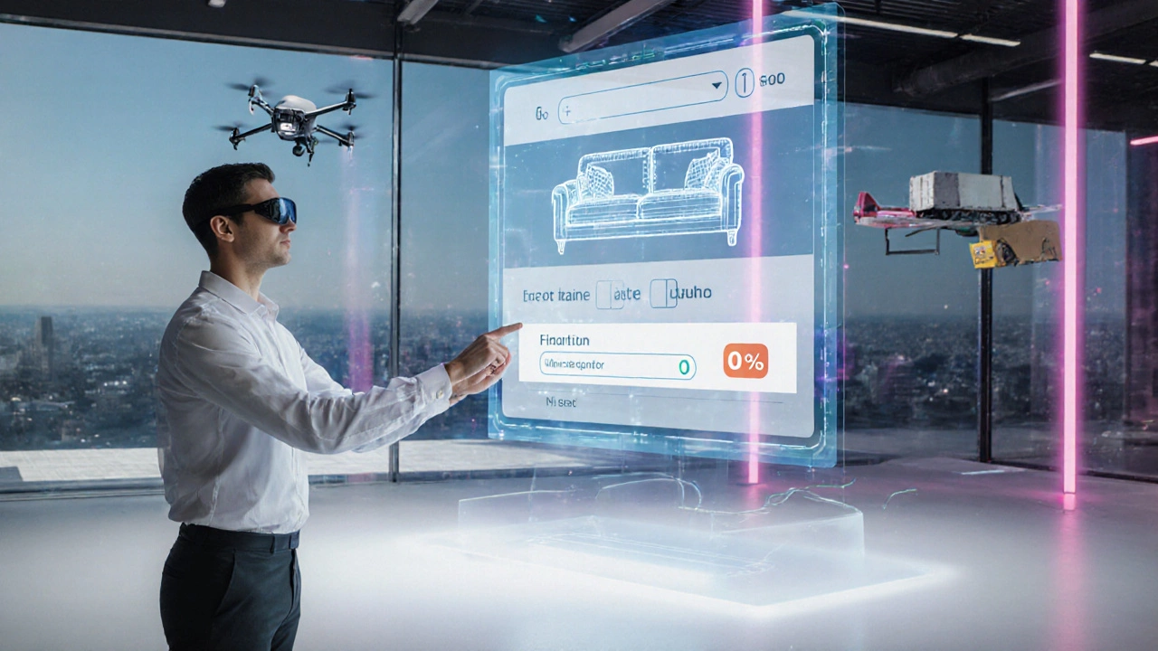 Kunde konfiguriert ein Sofa mit AR, zeigt Finanzierung und Drohnenlieferung.