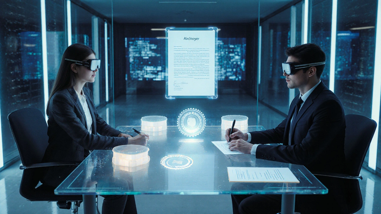 Modernes digitales Auflassungsverfahren mit holografischen Unterlagen und persönlicher Identitätsprüfung beim Notar.