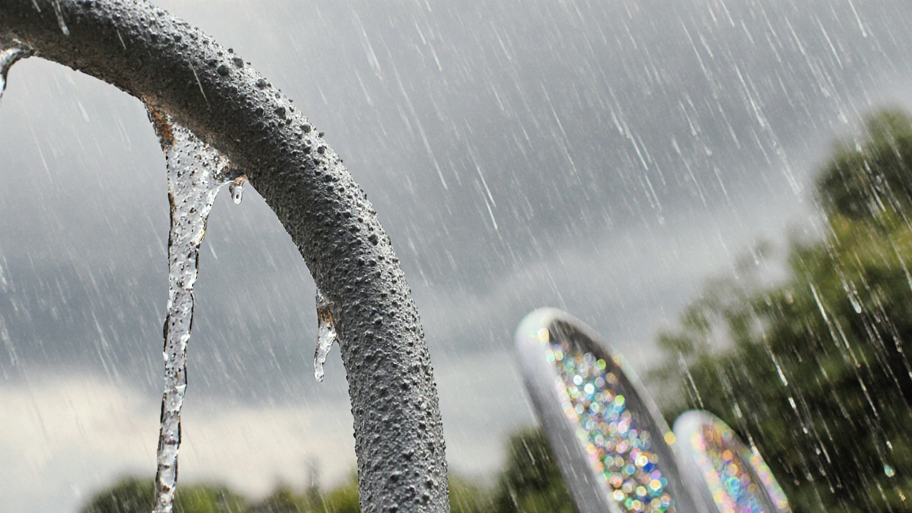 Nahaufnahme von Regentropfen auf einer pulverbeschichteten Stahl‑ und einer eloxierten Aluminium‑Sitzfläche.