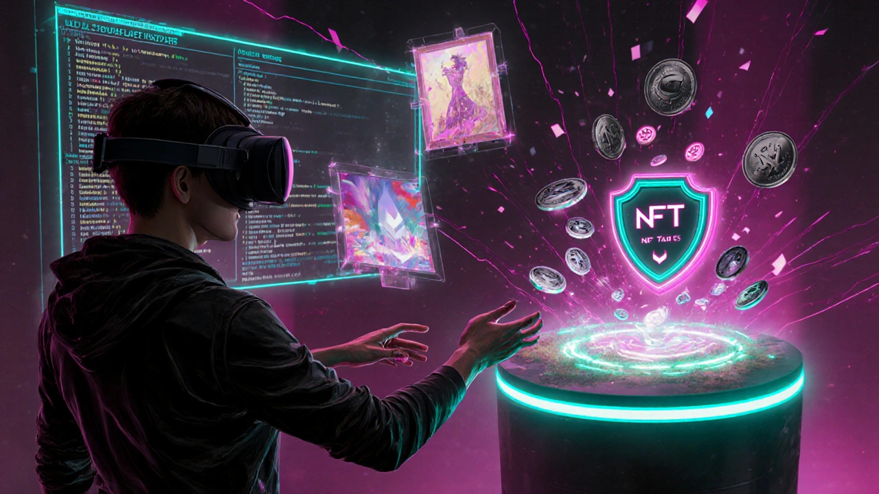 Person mit VR‑Headset greift nach holografischen NFT‑Kunstwerken und virtueller Landfläche, umgeben von schwebenden Tokens.