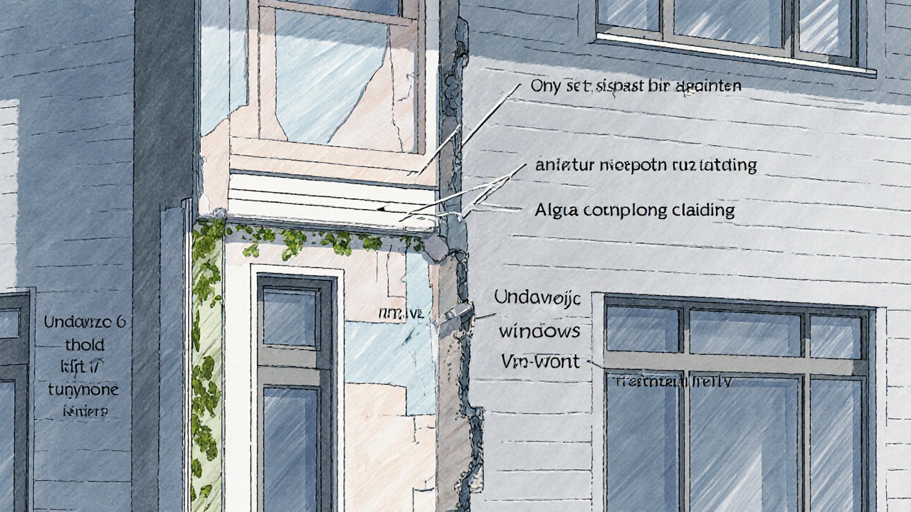 Querschnitt einer Fassade mit Luftlücken und Wärmebrücken bei falscher Dämmung