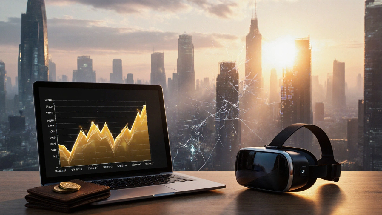 Schreibtisch mit Laptop, Hardware‑Wallet und VR‑Headset, davor Aufwärtstrend‑Chart und dunkler Code‑Glitch, im Hintergrund Zukunftsstadt.