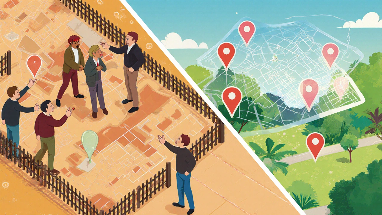 Split image contrasting chaotic property disputes with a clean digital land map.