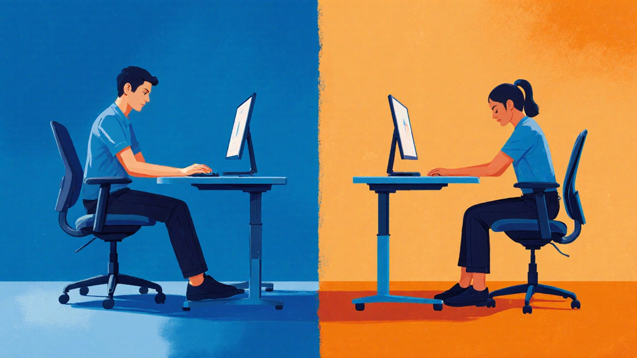 Split‑Screen‑Bild vergleicht korrekte und falsche Sitzhaltung an einem 75 cm Tisch.