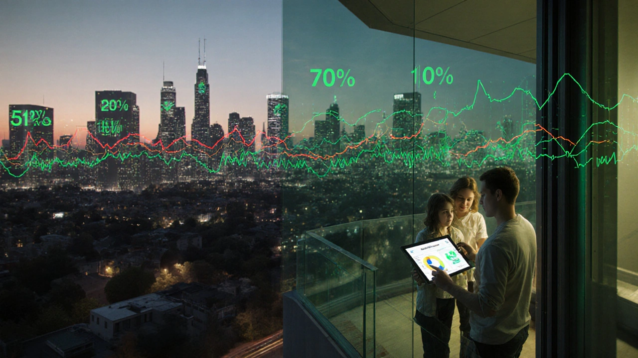 Stadtsilhouette mit hellen, grünen Net-Zero-Gebäuden und dunklen, alten Gebäuden, Familie auf Balkon mit Energiedisplay.