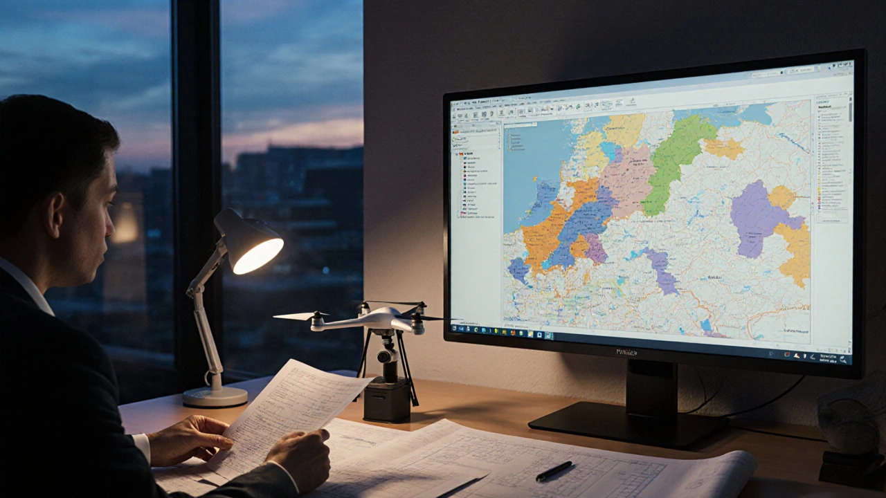 Surveying office with digital map on screen and drone nearby, evening light through window.