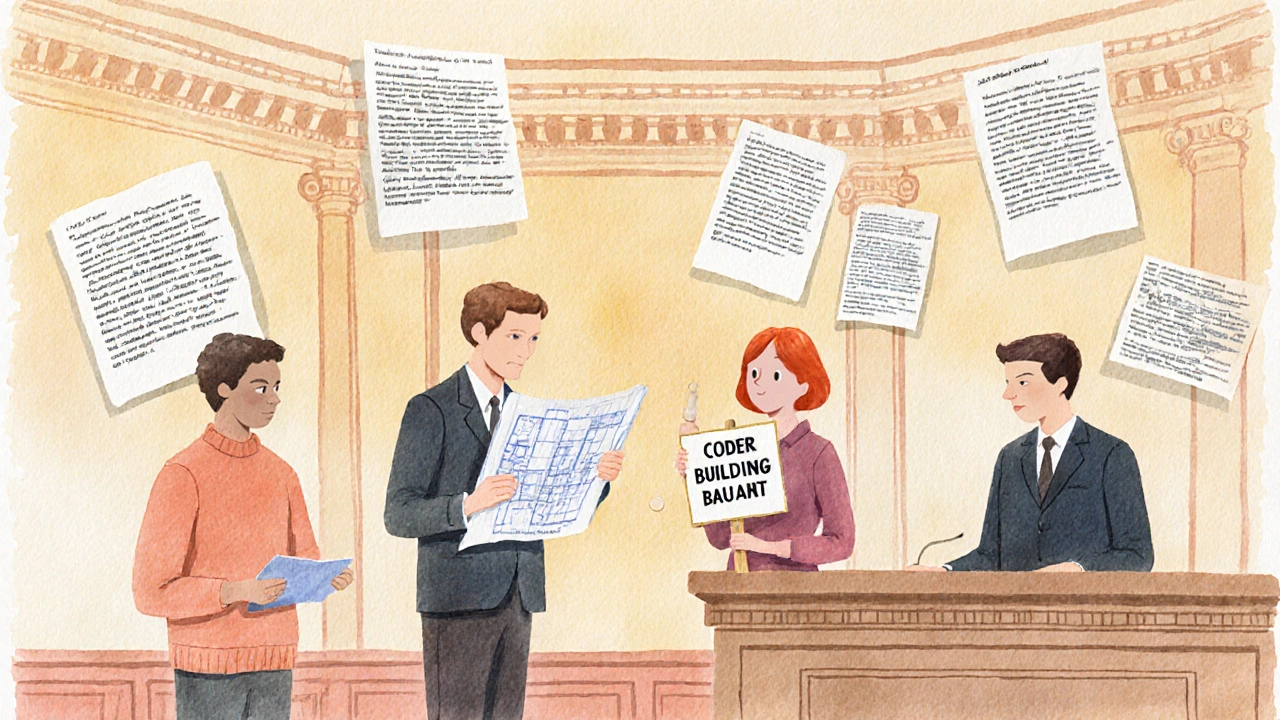 Vier Akteure der Bauleitplanung: Hausbesitzer, Architekt, Nachbar und Bauamt mit Bauplänen.