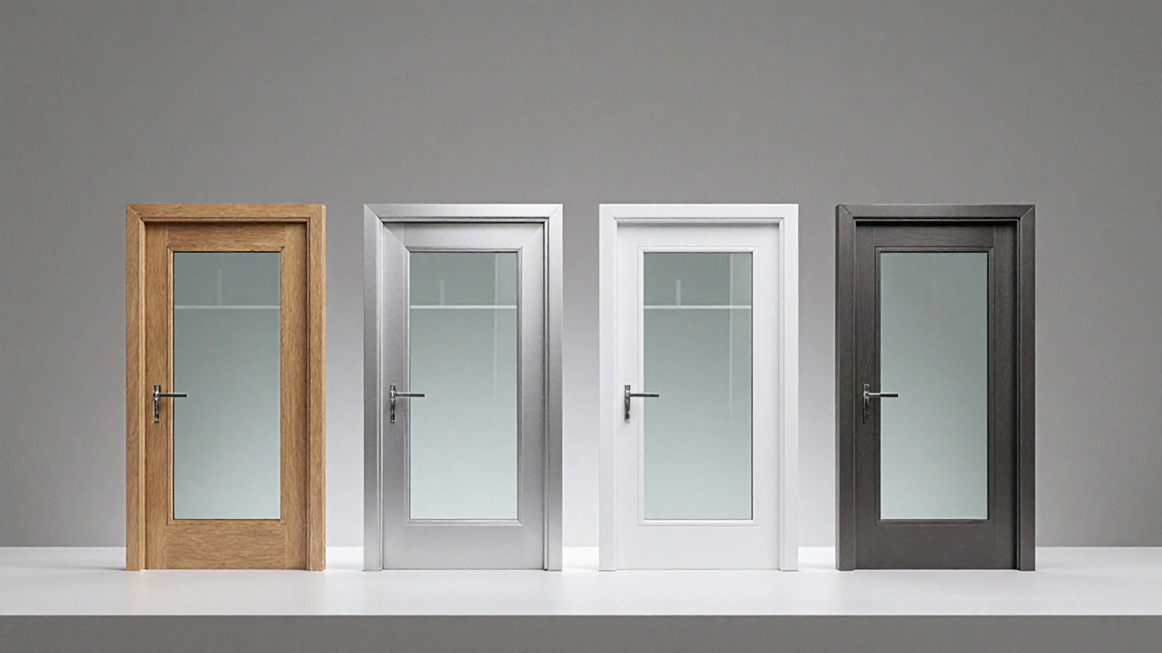 Vier Türrahmen (Holz, Aluminium, PVC, Stahl) mit verschiedenen Glasarten.
