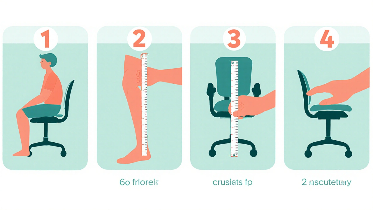 Vierjeilige Illustration zeigt das Messen der Sitzhöhe und die korrekte Knie‑ und Fußposition.