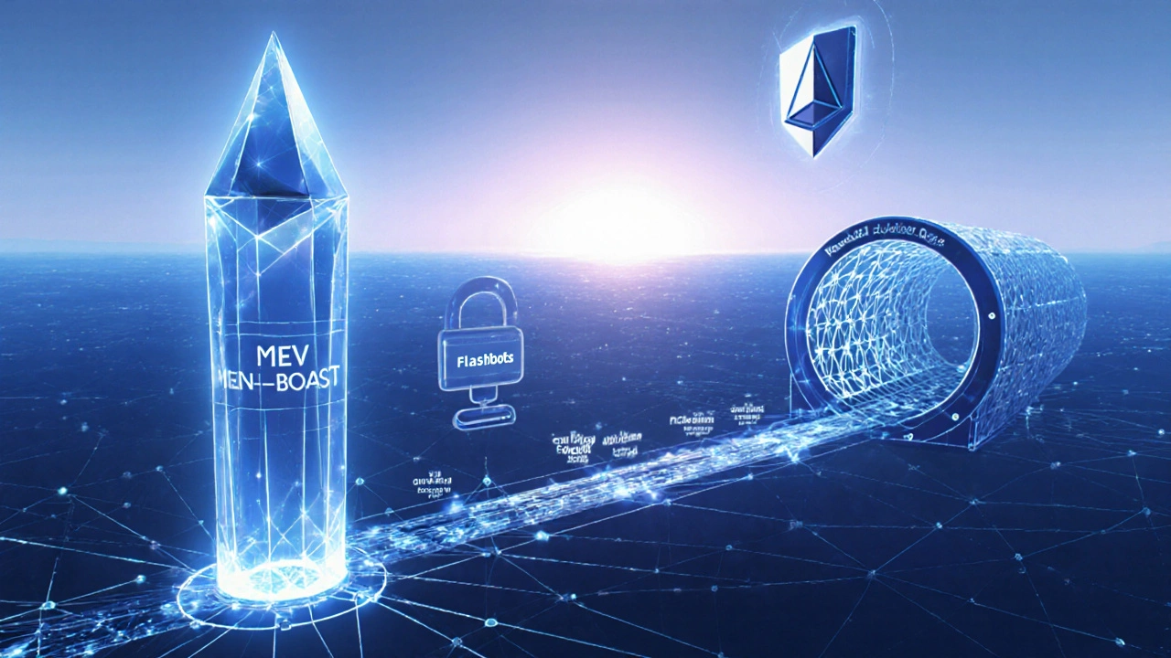 Visuelle Metapher für MEV‑Boost, Flashbots und sichere Blockerstellung.