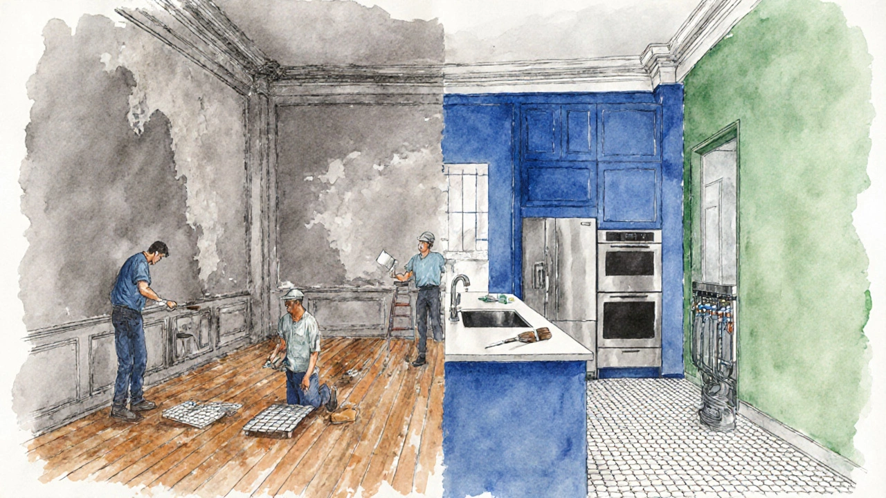 Wasserfarben‑Bild einer 80 m² Altbauwohnung, die von Alt zu modernem Stil umgestaltet wird.