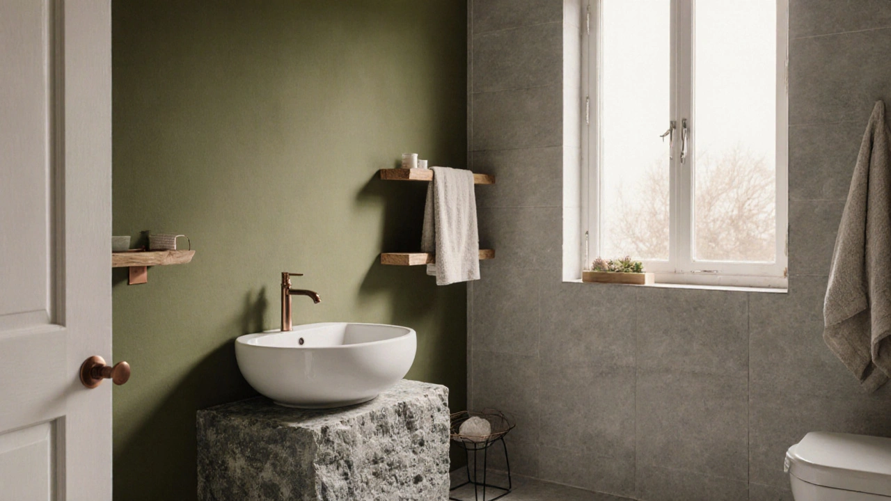 Akzentwand in moosgrün mit Holzregal und kupfernen Details, natürliches Licht und neutrale Fliesen.