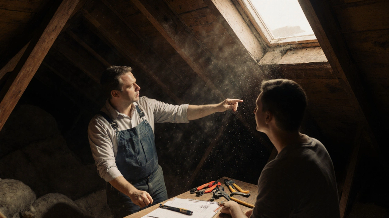 Baugutachter zeigt einem Käufer einen Riss in der Dachbodendecke, unzureichende Dämmung sichtbar.