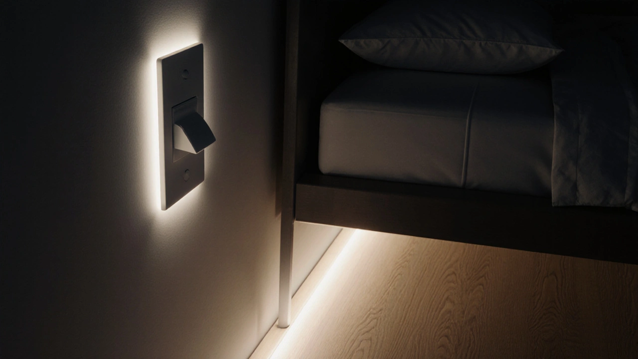 Beleuchteter Lichtschalter und automatische Nachtlampe neben dem Bett, warmes Licht ohne Text oder Symbole.