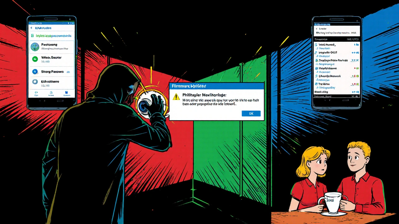 Comic-stil Darstellung eines Hackerangriffs, der durch ein IoT-Gerät blockiert wird, während Passwörter und Updates geschützt werden.