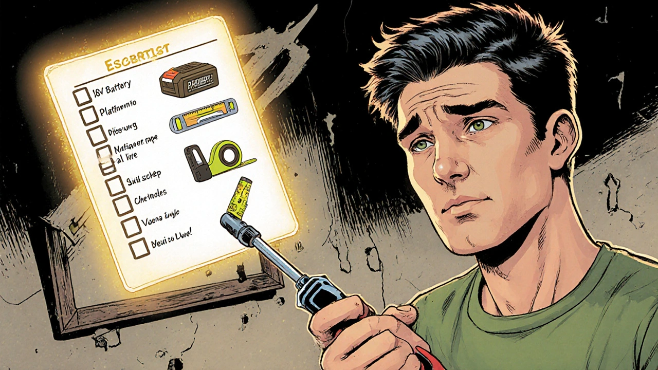 Comic-Stil: Ein Anfänger mit kaputtem Schraubendreher, während die 10 wichtigsten Werkzeuge als schwebende Liste erscheinen