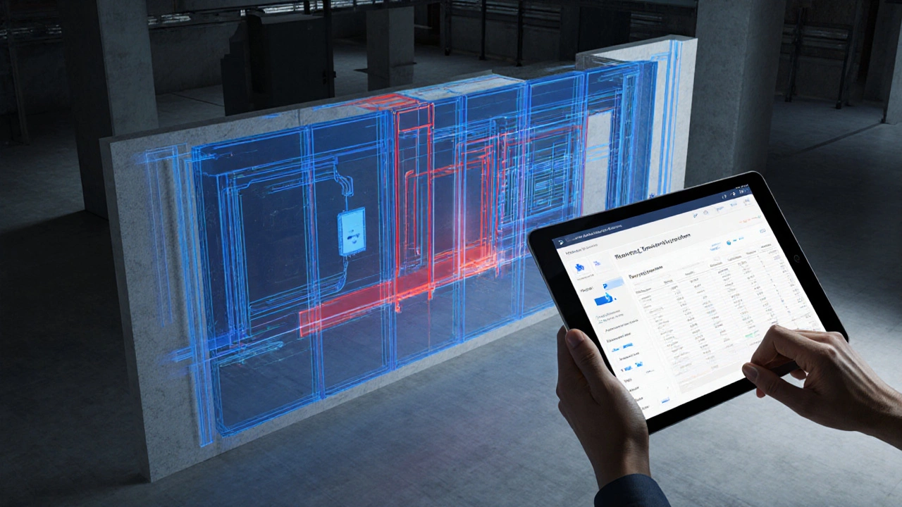 Digitale BIM-Visualisierung einer Trockenbauwand mit eingebauten Leitungen, die Kollisionen in Echtzeit anzeigen, dargestellt als transparentes 3D-Modell.