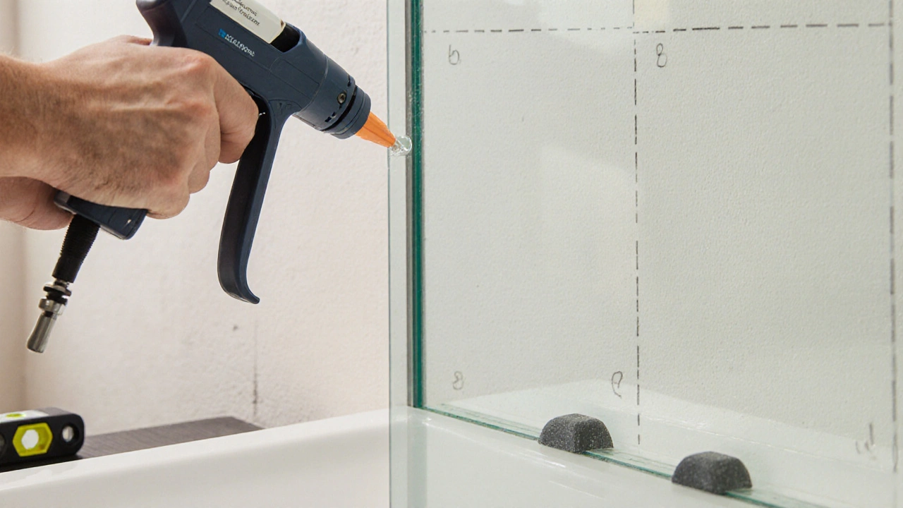 DIY-Montage einer Glasrückwand mit Silikon und Abstandsklötzen auf sauberer Wand.