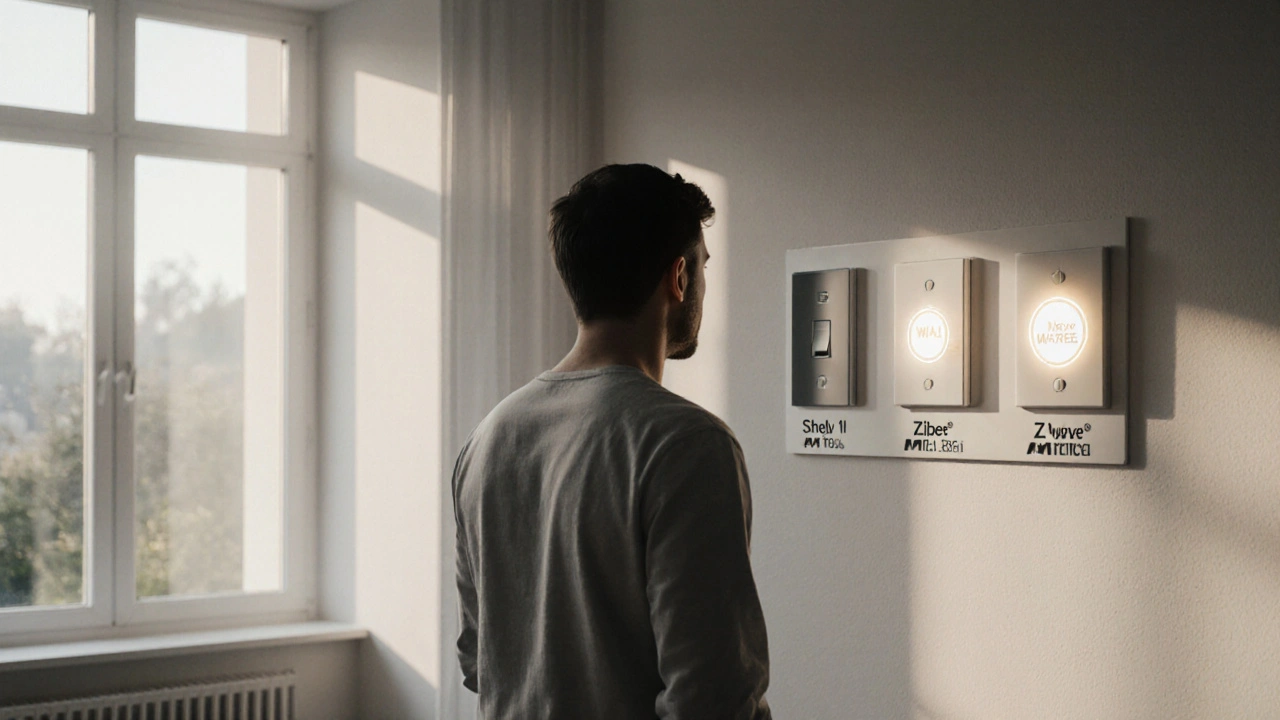 Drei Lichtschalter, nur einer leuchtet mit Matter-Symbol