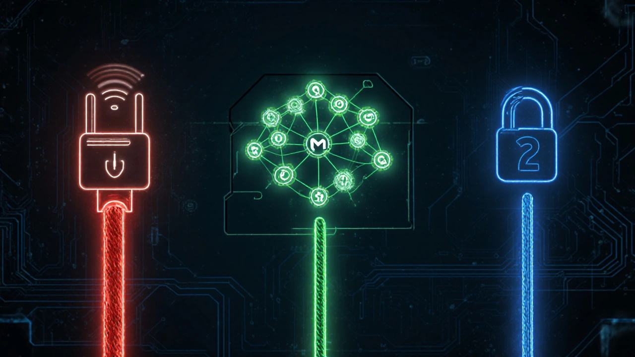 Drei smarte Technologien als leuchtende Netzwerke mit Matter-Zentrum