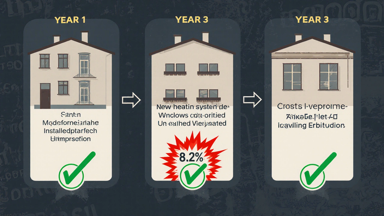 Dreiteilige Zeitlinie zeigt phasenweise Sanierung mit niedrigeren Kosten im Vergleich zur einjährigen Gesamtmodernisierung.