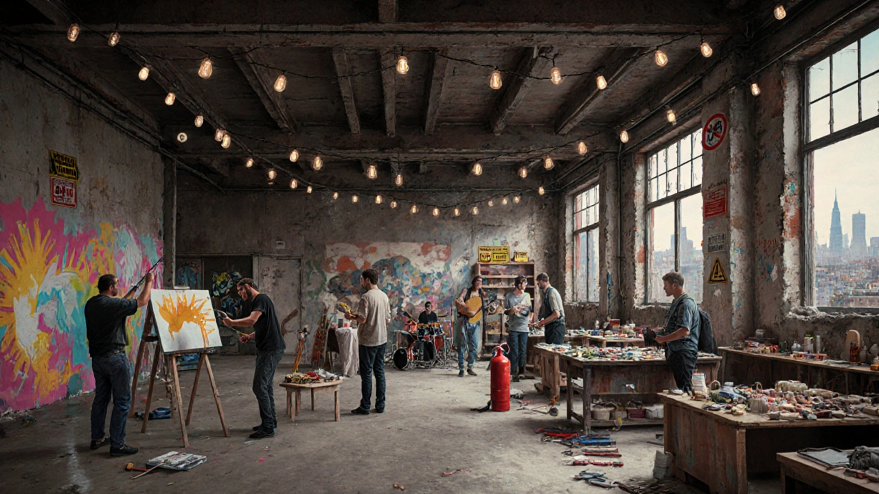 Ehemalige Fabrikhalle als Kreativwerkstatt mit Künstlern, Musikern und Besuchern in einem urbanen Umfeld.