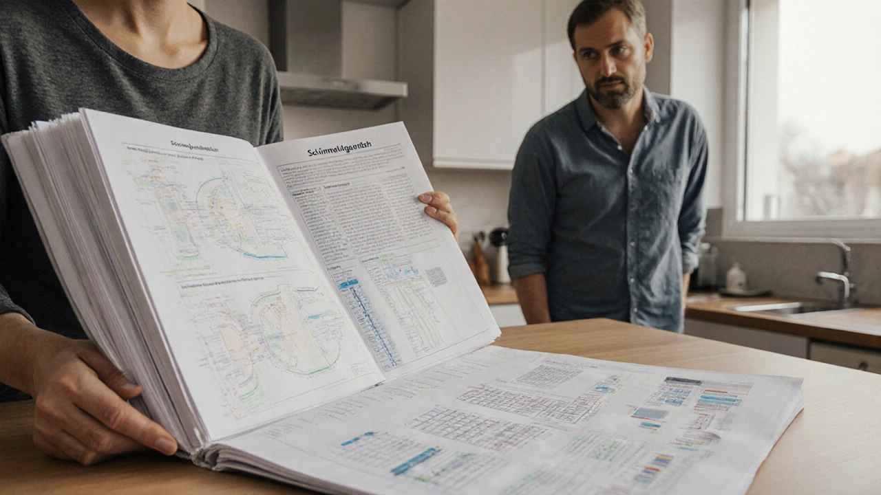 Ein Mieter hält ein detailliertes Schimmelgutachten mit Messwerten und Laboranalysen in der Hand.