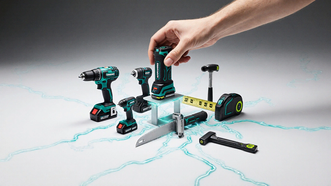Eine einzige Akkubatterie versorgt mehrere Werkzeuge gleichzeitig — Symbol für effizientes Heimwerken
