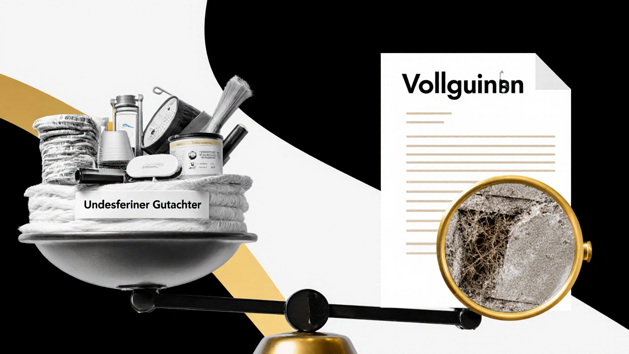 Eine Waage vergleicht ein unabhängiges Gutachten mit teuren Sanierungsprodukten – Symbol für Recht und Wahrheit.