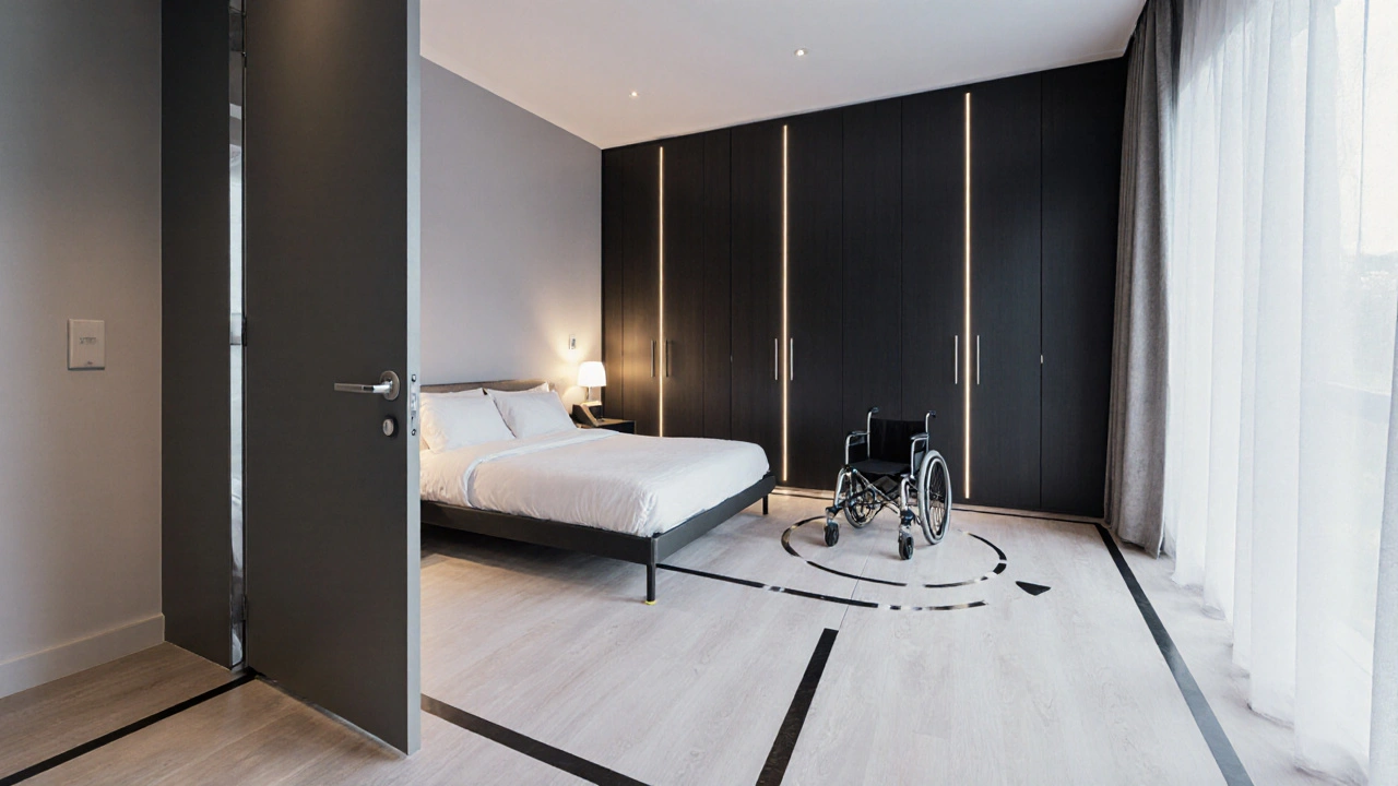 Freie Bewegungsflächen im Schlafzimmer, breite Tür und LED-Nachtbeleuchtung entlang des Weges zum Badezimmer.