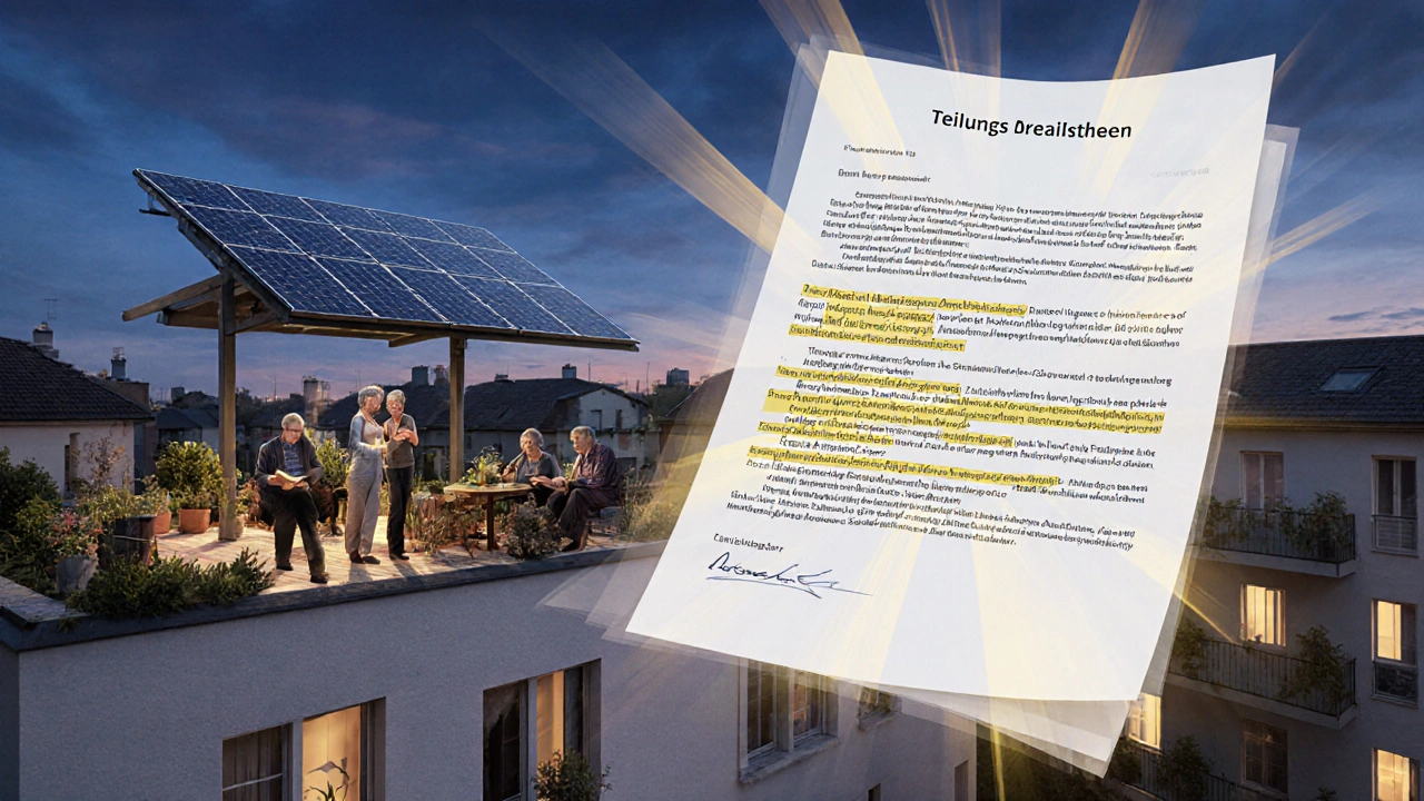 Gemeinschaftsdach mit Solaranlage und Terrasse, wo Bewohner friedlich zusammenkommen.