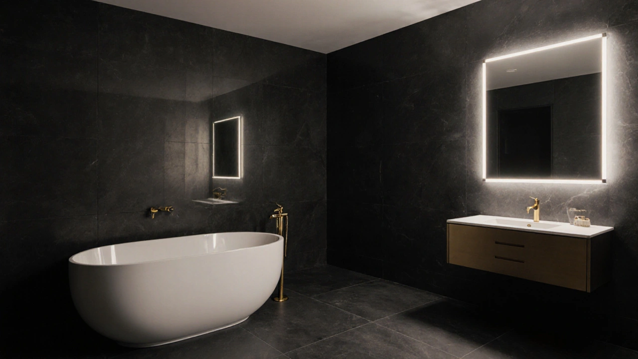 Großes Badezimmer mit dunkelgrauen Wänden, weißer Badewanne und goldenen Armaturen bei indirekter Beleuchtung.