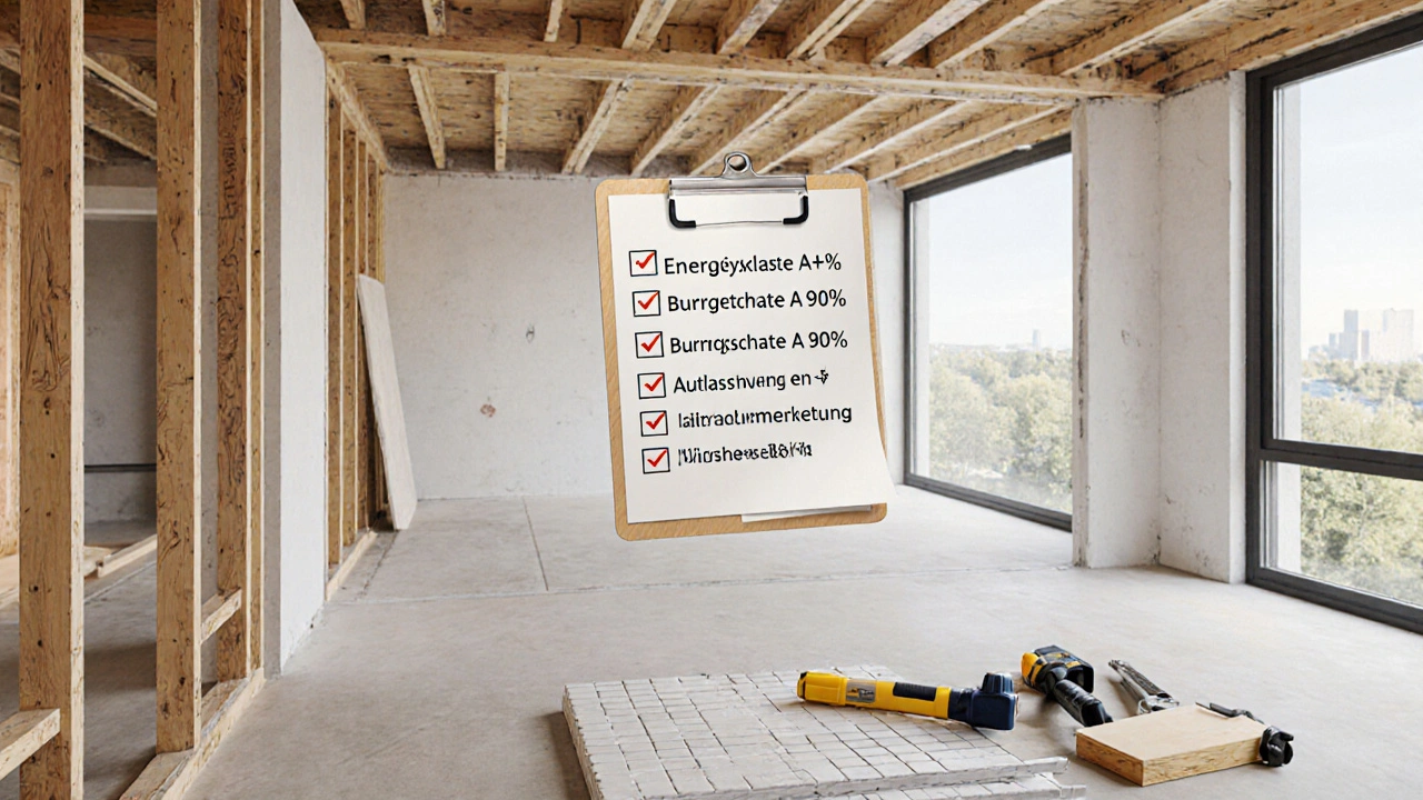 Halbfertige Wohnung mit Prüfliste für rechtliche Sicherheitsklauseln an der Wand.