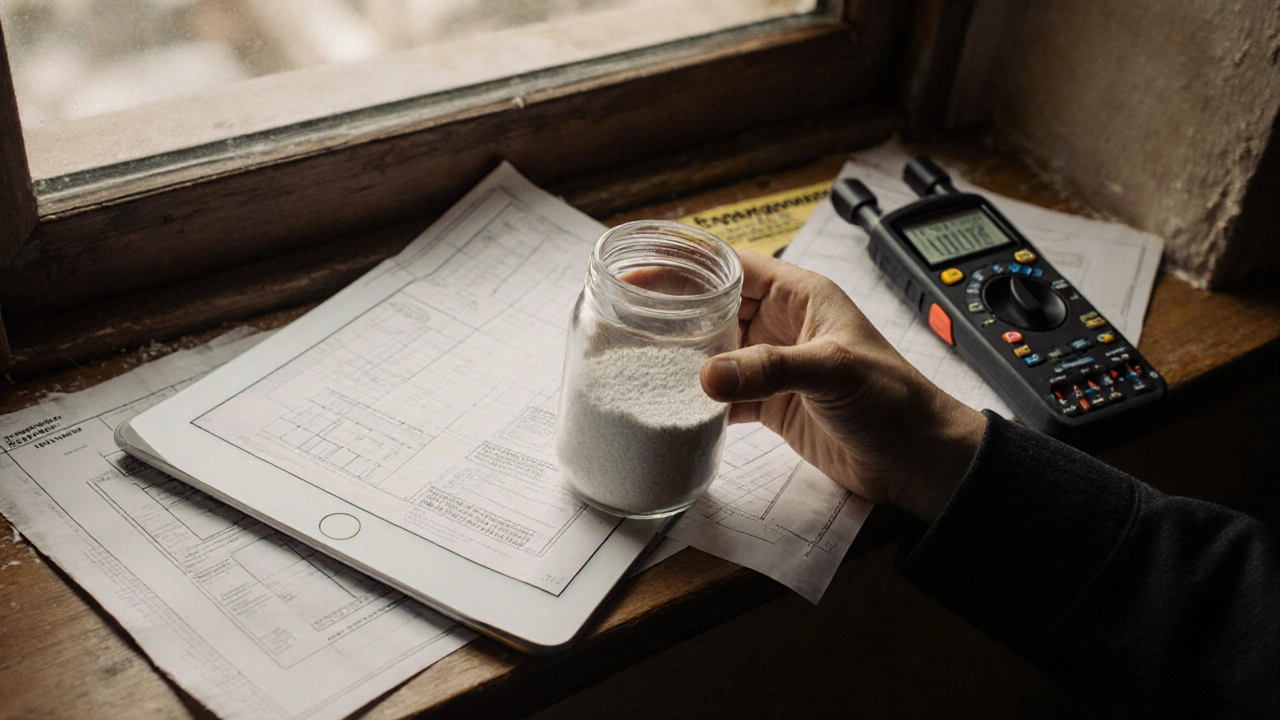 Hand mit Asbest-Probe neben einem Bausachverständigen-Gerät auf einer Fensterbank.
