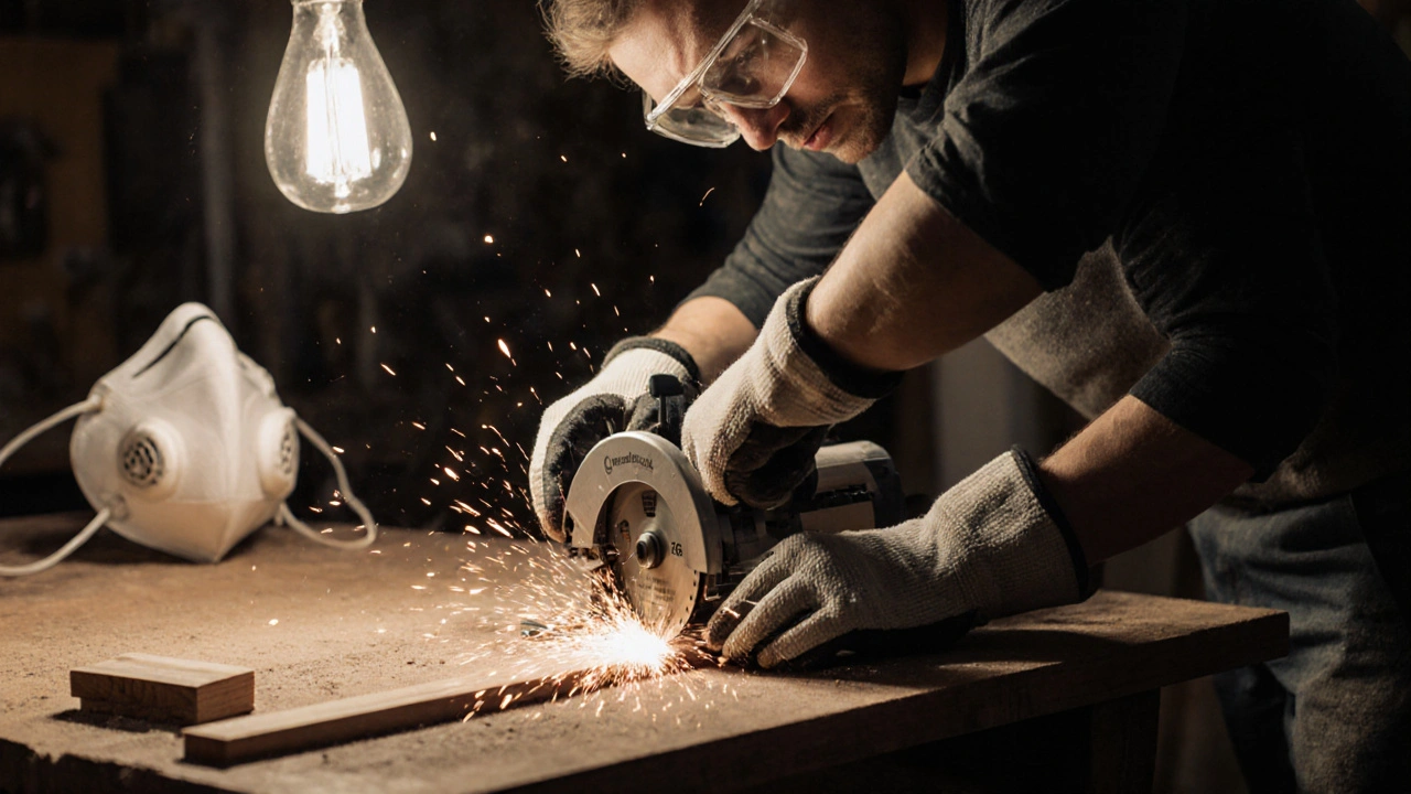Hände mit schnittfesten Handschuhen und Sicherheitsbrille bei der Arbeit mit einer Kreissäge.