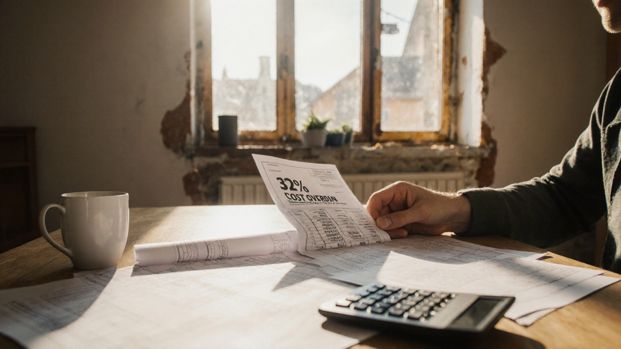 Hausbesitzer analysiert Sanierungskosten an einem Küchentisch mit Unterlagen und Rechnungen über Preissteigerungen.